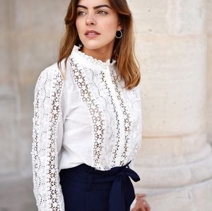 Sezane Mariella Button Down Blouse Crochet White